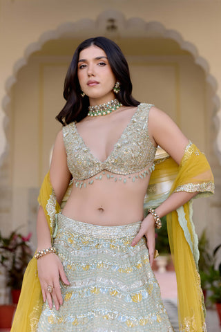 Sage tissue silk embroidered lehenga set