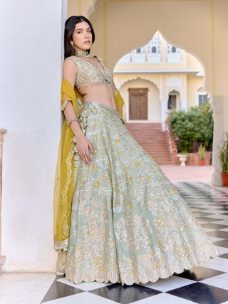 Sage tissue silk embroidered lehenga set