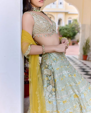 Sage tissue silk embroidered lehenga set