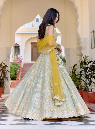 Sage tissue silk embroidered lehenga set