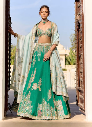 Jewel green organza embroidered lehenga set