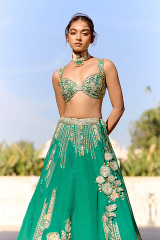 Jewel green organza embroidered lehenga set