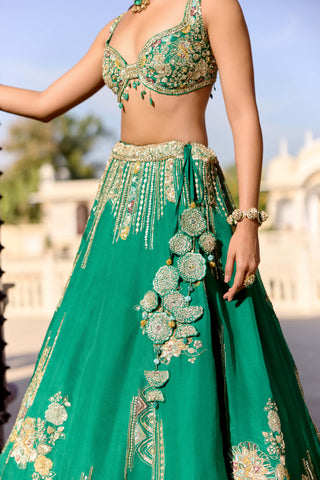 Jewel green organza embroidered lehenga set