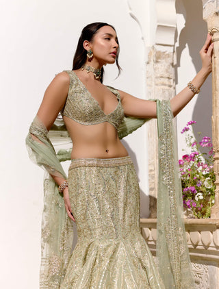Sage tissue silk fish cut lehenga set