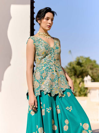 Pine green mulberry silk peplum top with garara
