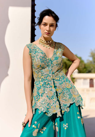 Pine green mulberry silk peplum top with garara