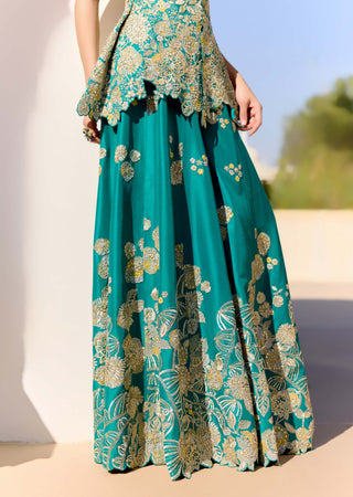 Pine green mulberry silk peplum top with garara