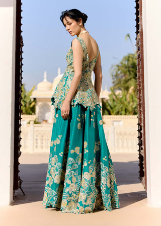 Pine green mulberry silk peplum top with garara