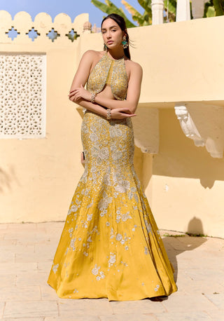 Canary yellow mulberry silk fish cut lehenga with top