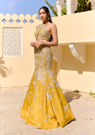 Canary yellow mulberry silk fish cut lehenga with top