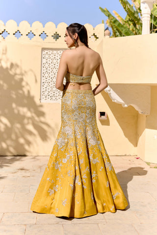 Canary yellow mulberry silk fish cut lehenga with top