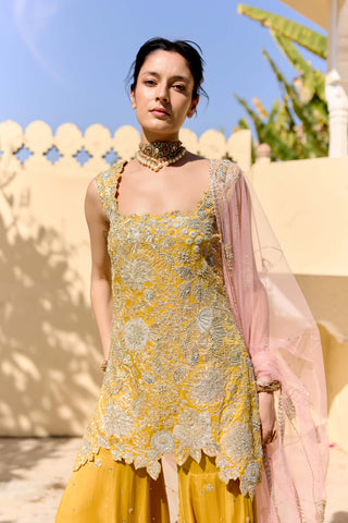 Canary yellow organza kurta and sharara set