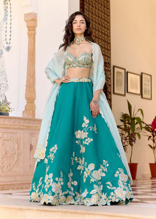 Pine green organza jaal embroidered lehenga set