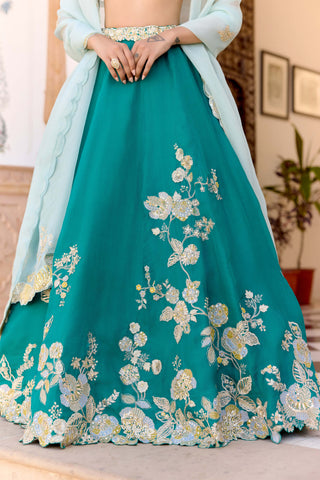 Pine green organza jaal embroidered lehenga set