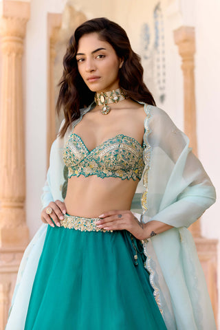 Pine green organza jaal embroidered lehenga set