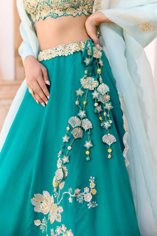 Pine green organza jaal embroidered lehenga set