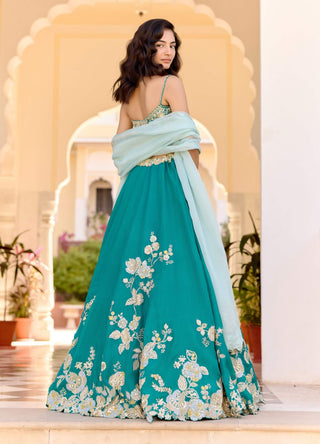 Pine green organza jaal embroidered lehenga set