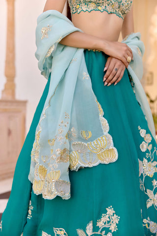 Pine green organza jaal embroidered lehenga set
