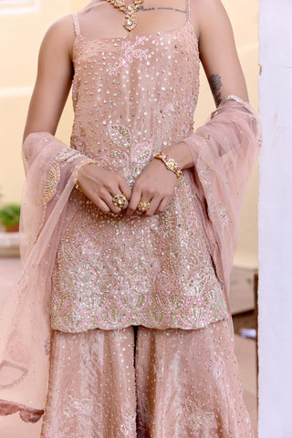 Caramel taupe tissue silk kurta and sharara set
