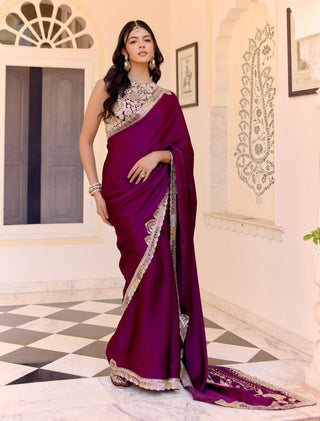 Dark plum satin silk embroidered sari with blouse