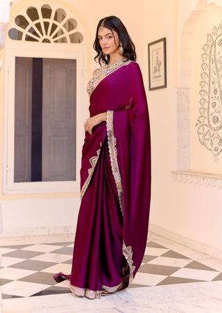 Dark plum satin silk embroidered sari with blouse