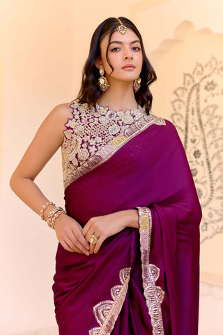 Dark plum satin silk embroidered sari with blouse
