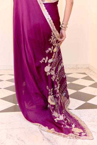 Dark plum satin silk embroidered sari with blouse