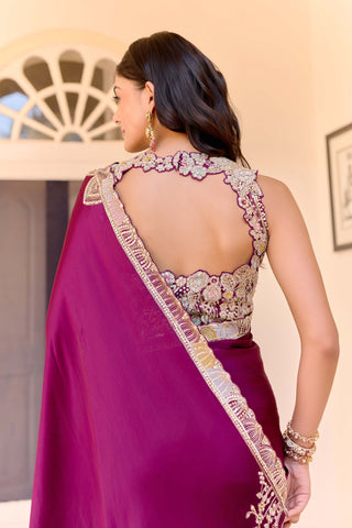 Dark plum satin silk embroidered sari with blouse