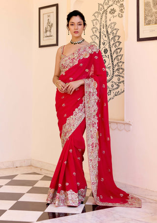 Red georgette embroidered sari with blouse