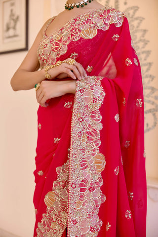 Red georgette embroidered sari with blouse