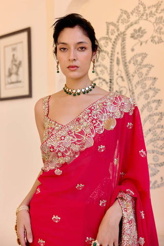 Red georgette embroidered sari with blouse