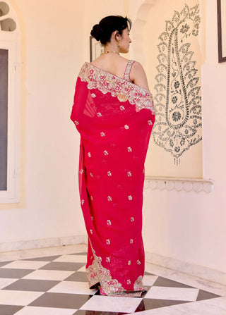 Red georgette embroidered sari with blouse