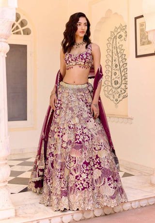 Dark plum mulberry silk embroidered lehenga set