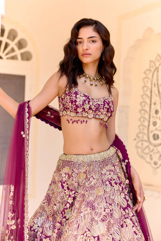 Dark plum mulberry silk embroidered lehenga set