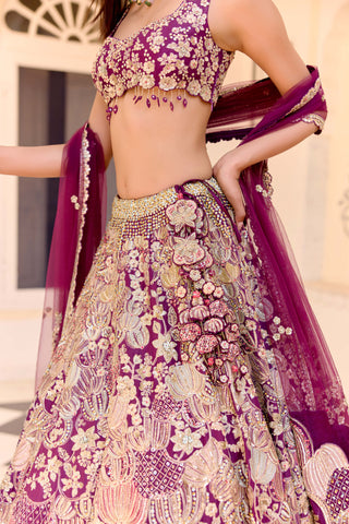 Dark plum mulberry silk embroidered lehenga set