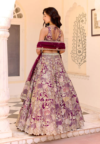 Dark plum mulberry silk embroidered lehenga set