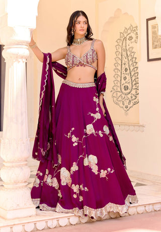 Dark plum satin silk jaal lehenga set