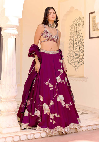 Dark plum satin silk jaal lehenga set