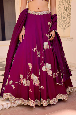 Dark plum satin silk jaal lehenga set