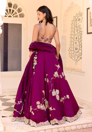 Dark plum satin silk jaal lehenga set