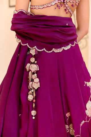 Dark plum satin silk jaal lehenga set