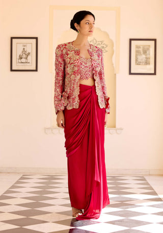 Cut ruby mulberry silk open jacket with drape skirt