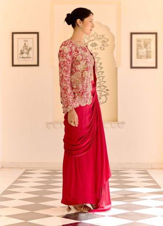 Cut ruby mulberry silk open jacket with drape skirt