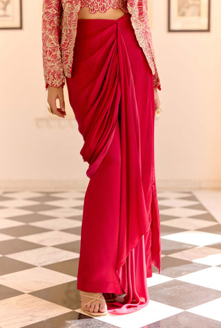 Cut ruby mulberry silk open jacket with drape skirt