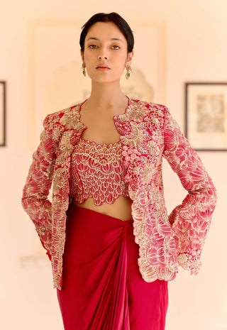Cut ruby mulberry silk open jacket with drape skirt