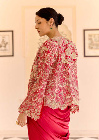 Cut ruby mulberry silk open jacket with drape skirt