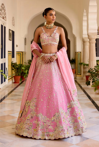 Rosaline pink tissue silk embroidered lehenga set