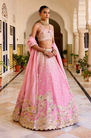 Rosaline pink tissue silk embroidered lehenga set
