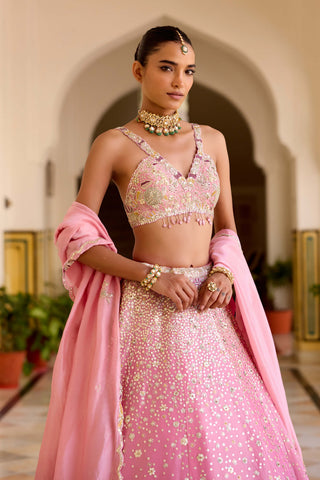 Rosaline pink tissue silk embroidered lehenga set