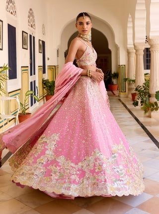 Rosaline pink tissue silk embroidered lehenga set